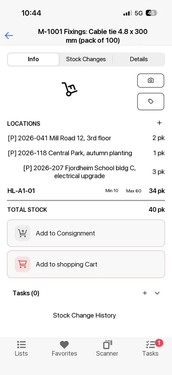 Material card in the Lagerdrift app with stock per location, minimum and maximum