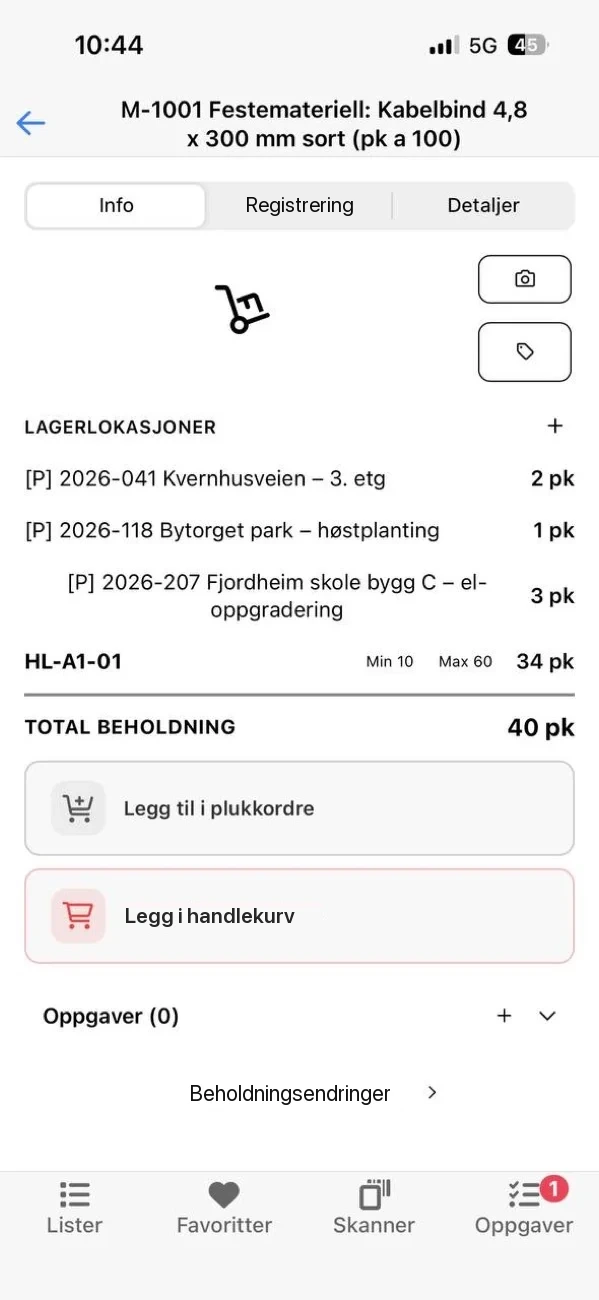 Materialkortet i Lagerdrift-appen med beholdning per lokasjon, minimum og maksimum