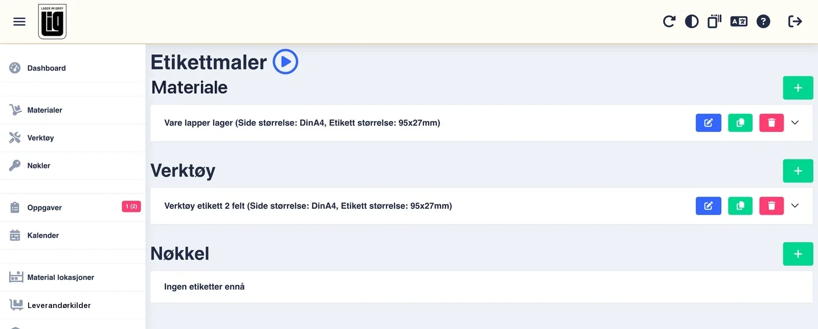 Etikettmaler-siden i web-appen med maler for materiale, verktøy og nøkkel