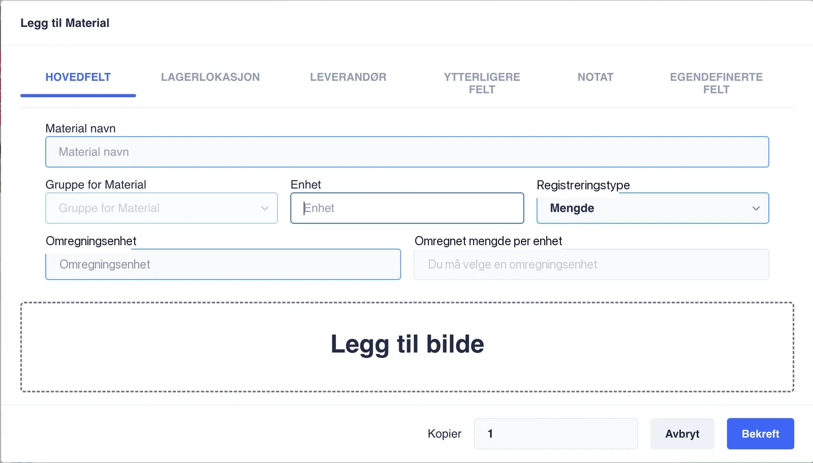 Legg til material-dialogen, fanen Hovedfelt med materialnavn, gruppe, enhet og posteringstype