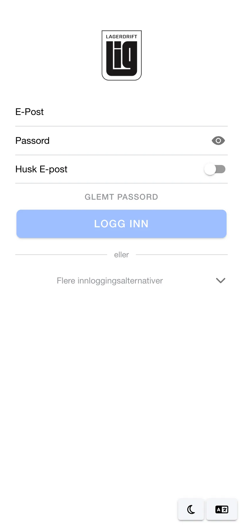 Innloggingsskjermen i Lagerdrift-mobilappen med e-post og passord