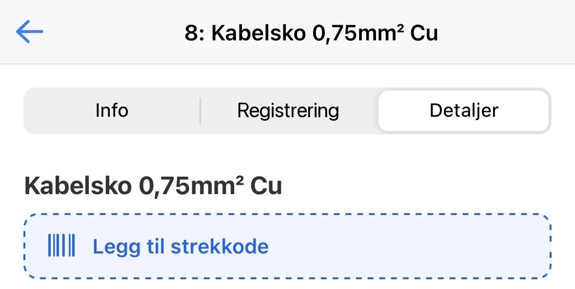 Detaljer-fanen i mobilappen med knappen Legg til strekkode