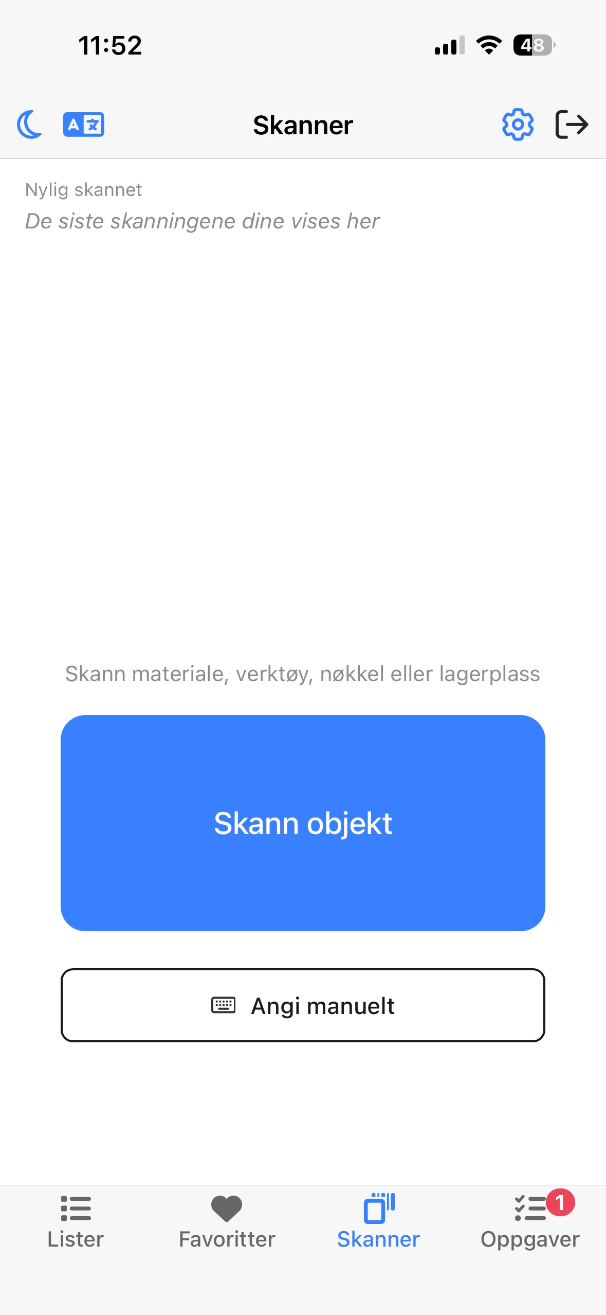 Skanner-fanen i mobilappen med teksten Skann materiale, verktøy, nøkkel eller lagerplass og knappen Skann objekt