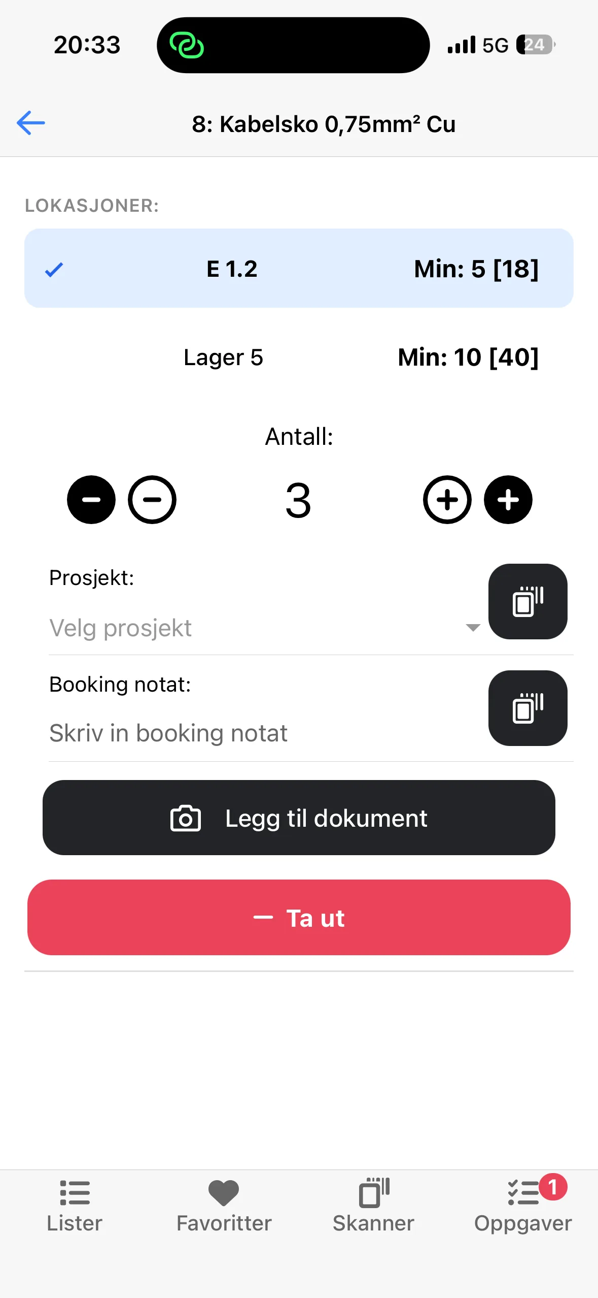 Uttak i mobilappen med valg av lokasjon, antall og prosjekt