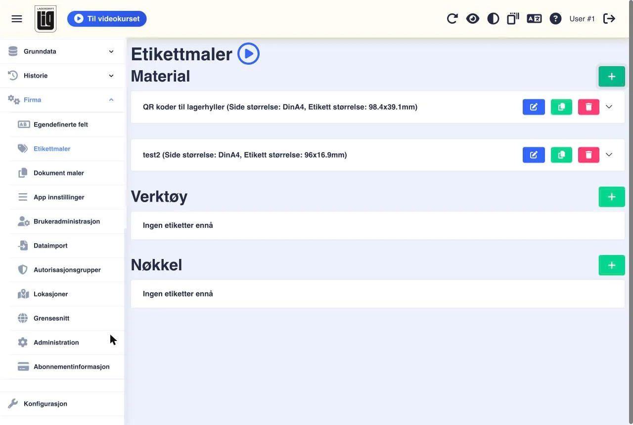 Etikettmaler-siden i web-appen med seksjoner for Material, Verktøy og Nøkkel og en grønn pluss-knapp