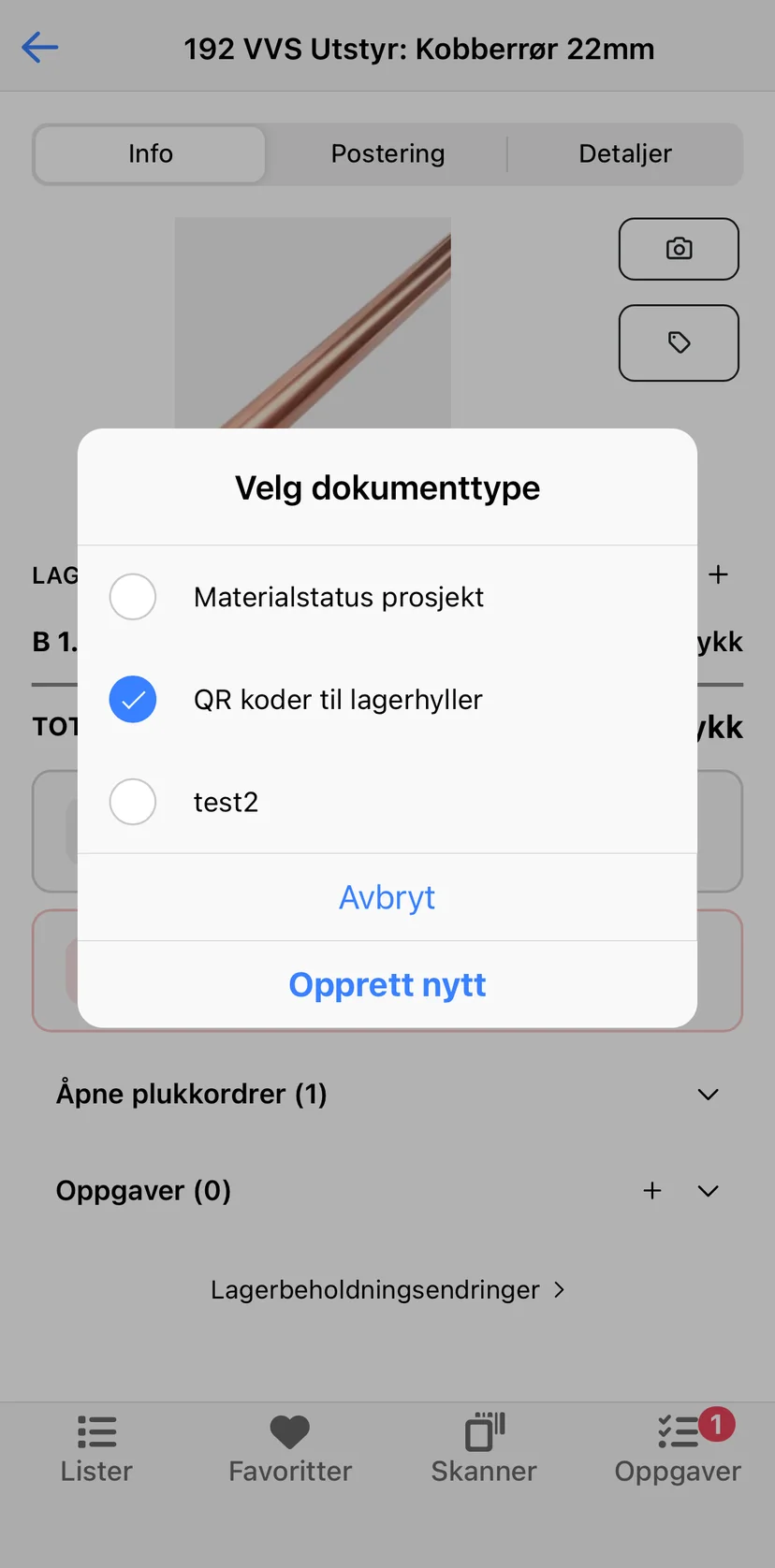 Dialogen Velg dokumenttype i mobilappen med en etikettmal valgt