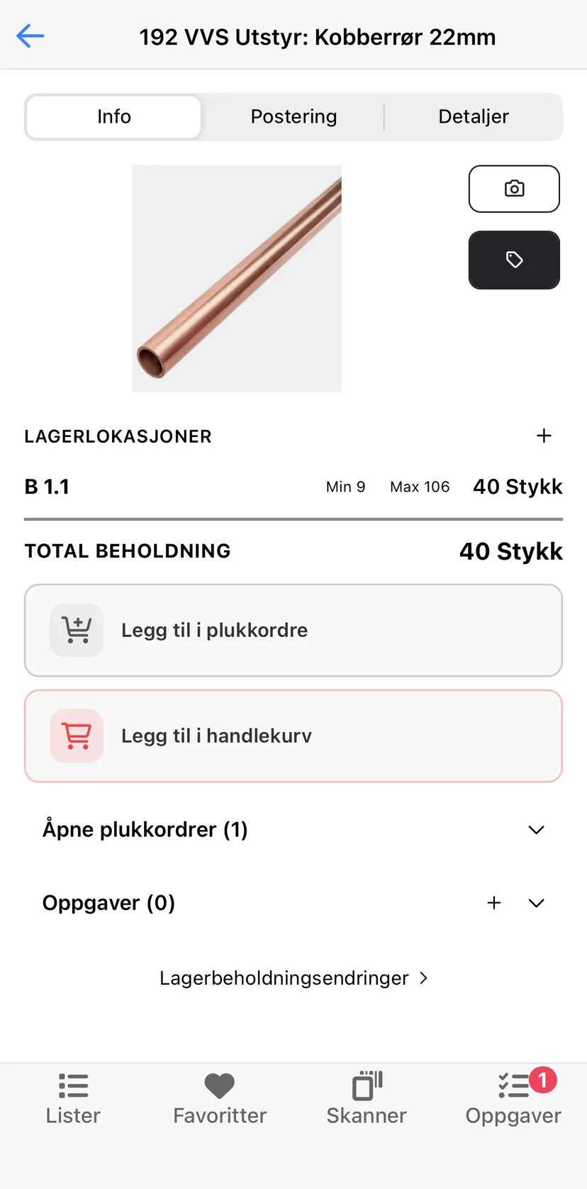 Et materiale åpnet i mobilappen med etikett-knappen øverst til høyre trykt inn
