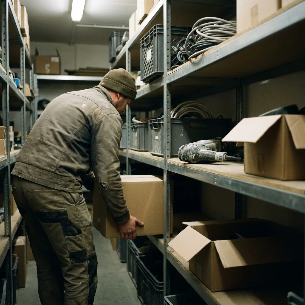 Tradesman in work clothes searching a narrow shelf aisle in a small company's stockroom