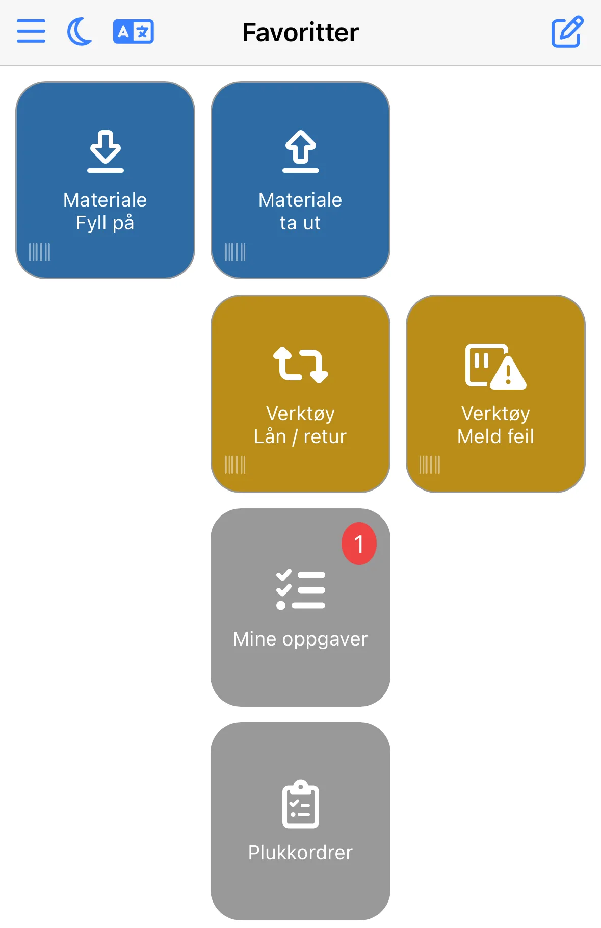 Hjemskjermen Favoritter i mobilappen med knappene admin har valgt