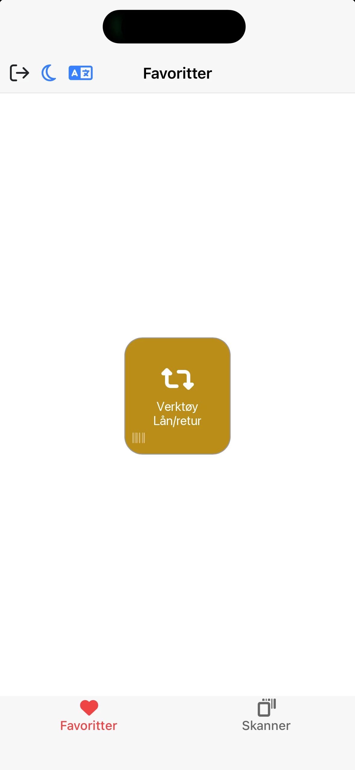 Hjemskjermen i mobilappen med kun Lån/retur-knappen