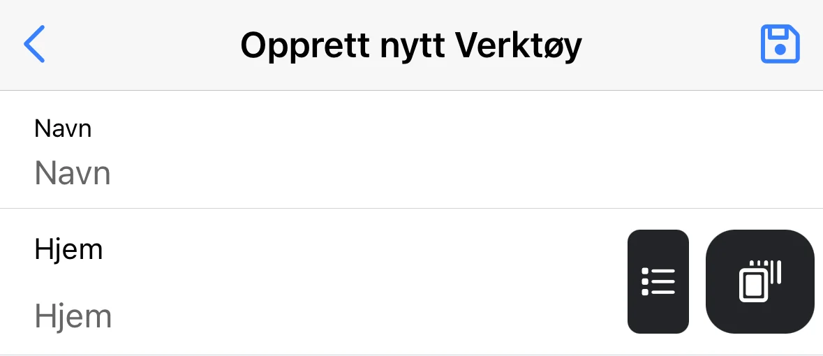 Skjemaet Opprett nytt Verktøy med Navn og Hjem