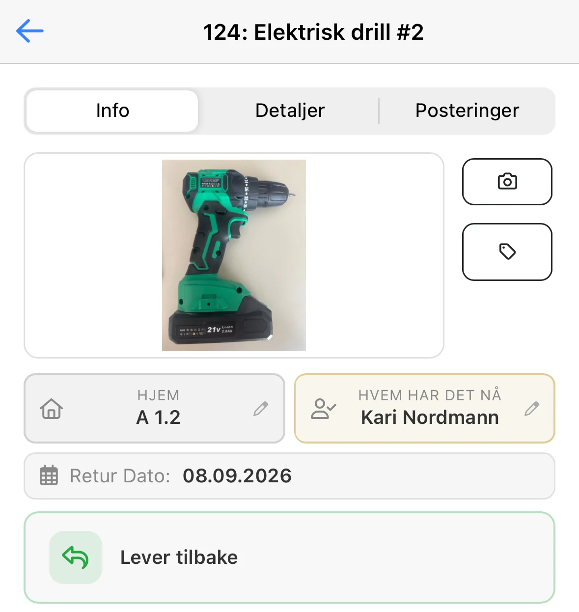 Verktøykort i mobilappen med ansvarlig person, returdato og knappen Lever tilbake