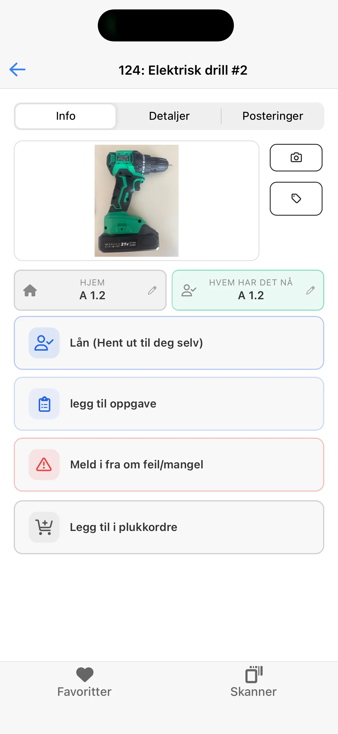 Verktøykortet med knappen Lån (Hent ut til deg selv)