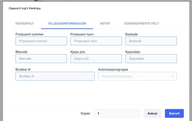 Feltet Barkode under Tilleggsinformasjon i web-appen