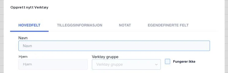 Dialogen Opprett nytt Verktøy, fanen Hovedfelt