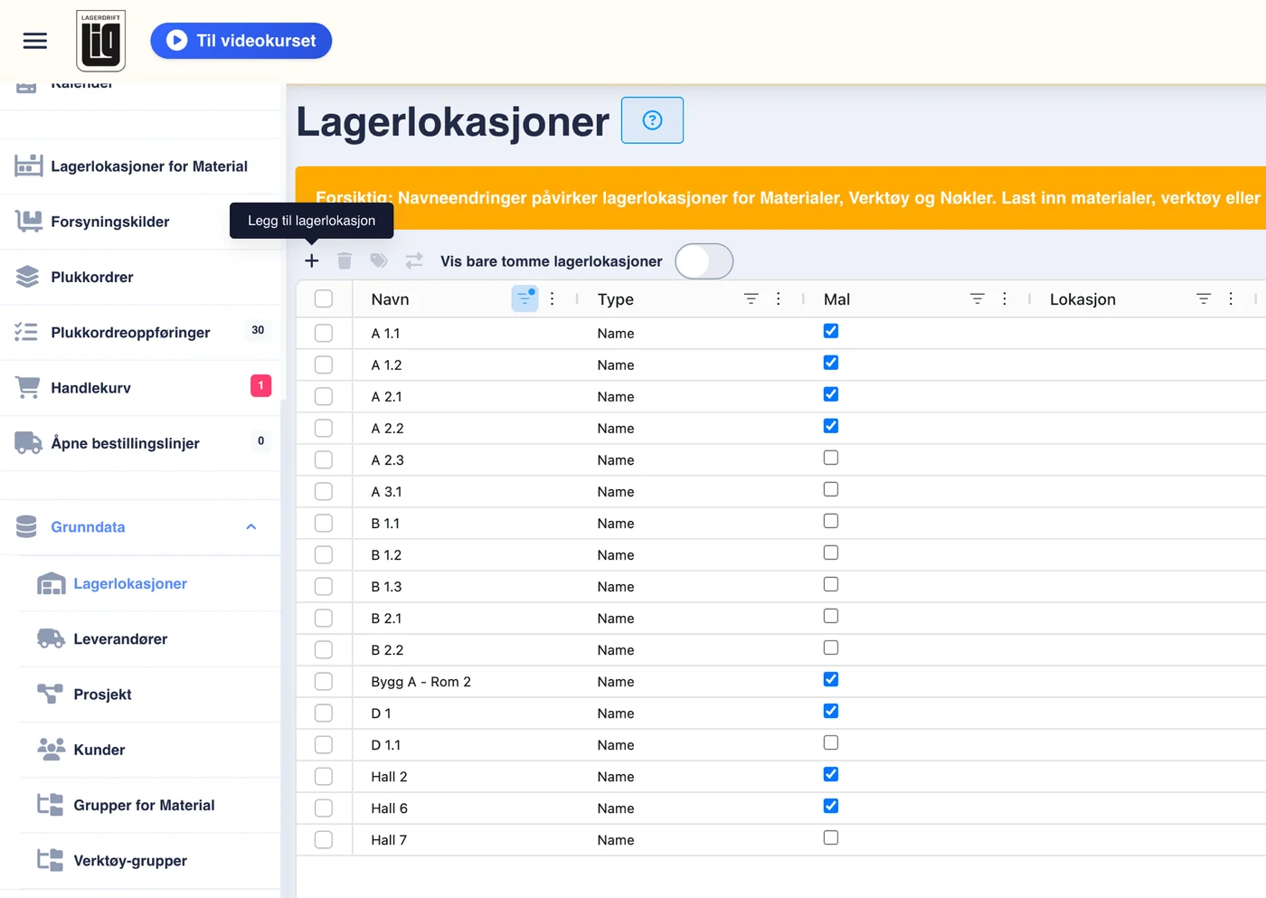 Lagerlokasjoner i nettappen med bygg, rom og haller som egne lokasjoner