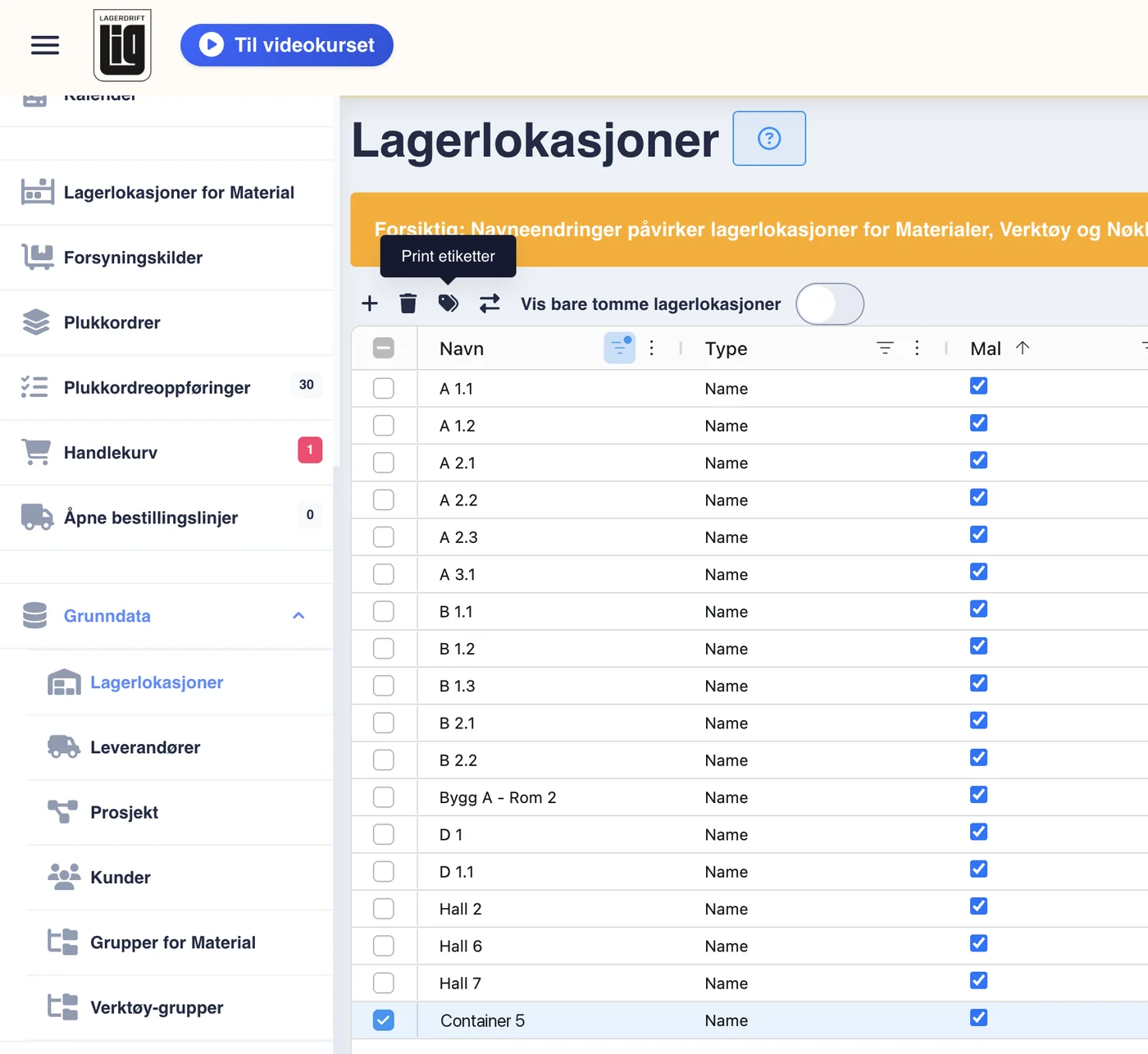 Lagerlokasjoner med Print etiketter
