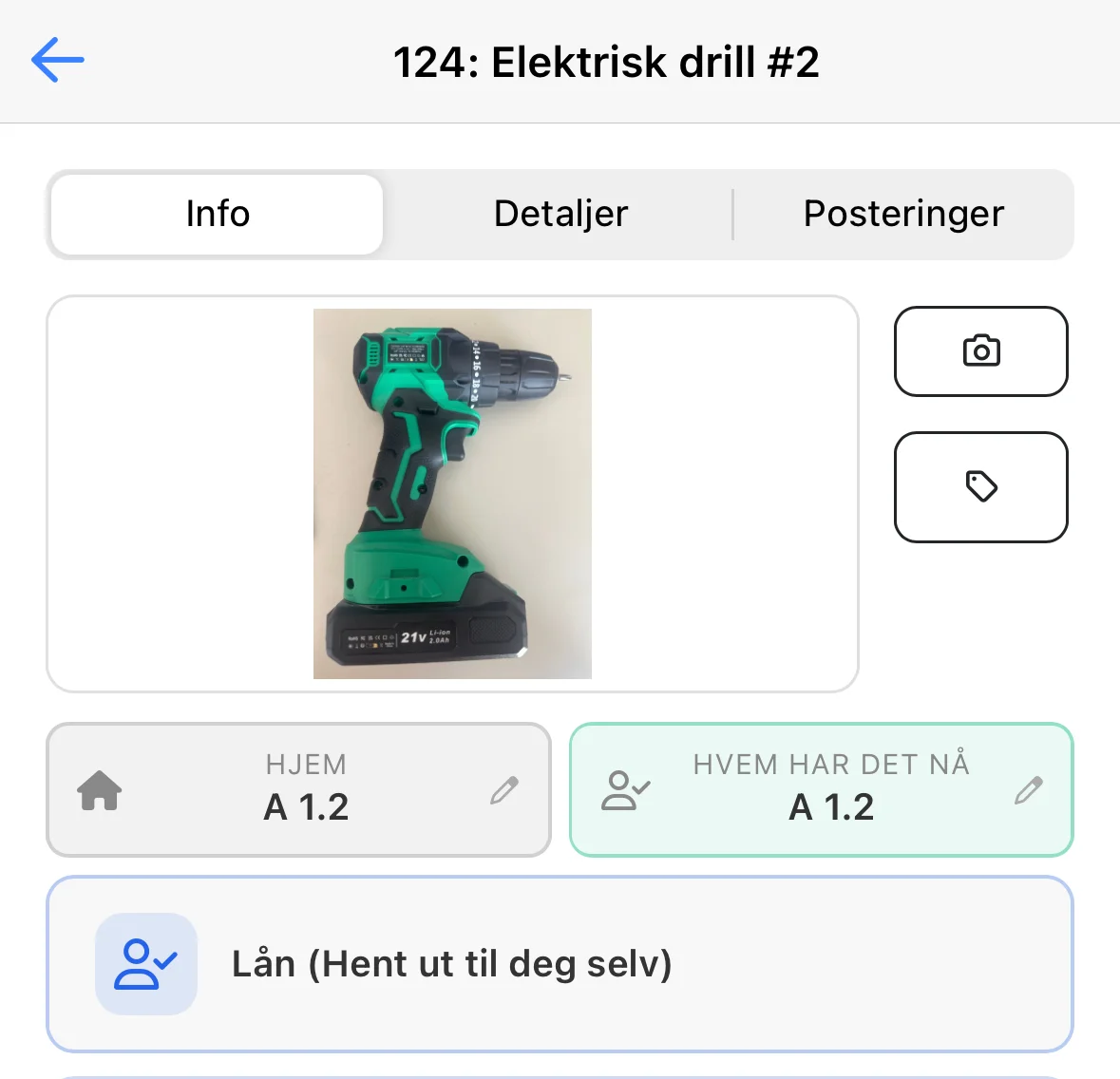 Verktøykortet i mobilappen med knappen Lån (Hent ut til deg selv)