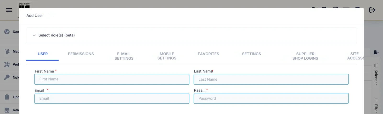 The Add User dialog with the fields first name, last name, email and password