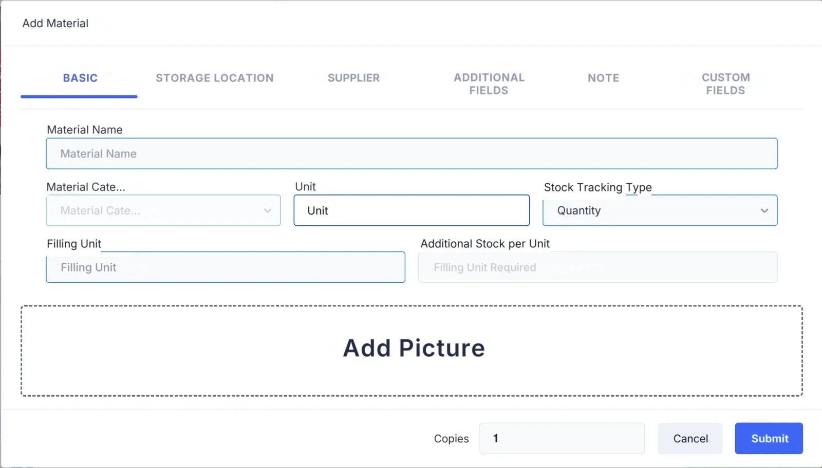 The Add Material dialog, Basic tab with material name, category, unit and stock tracking type