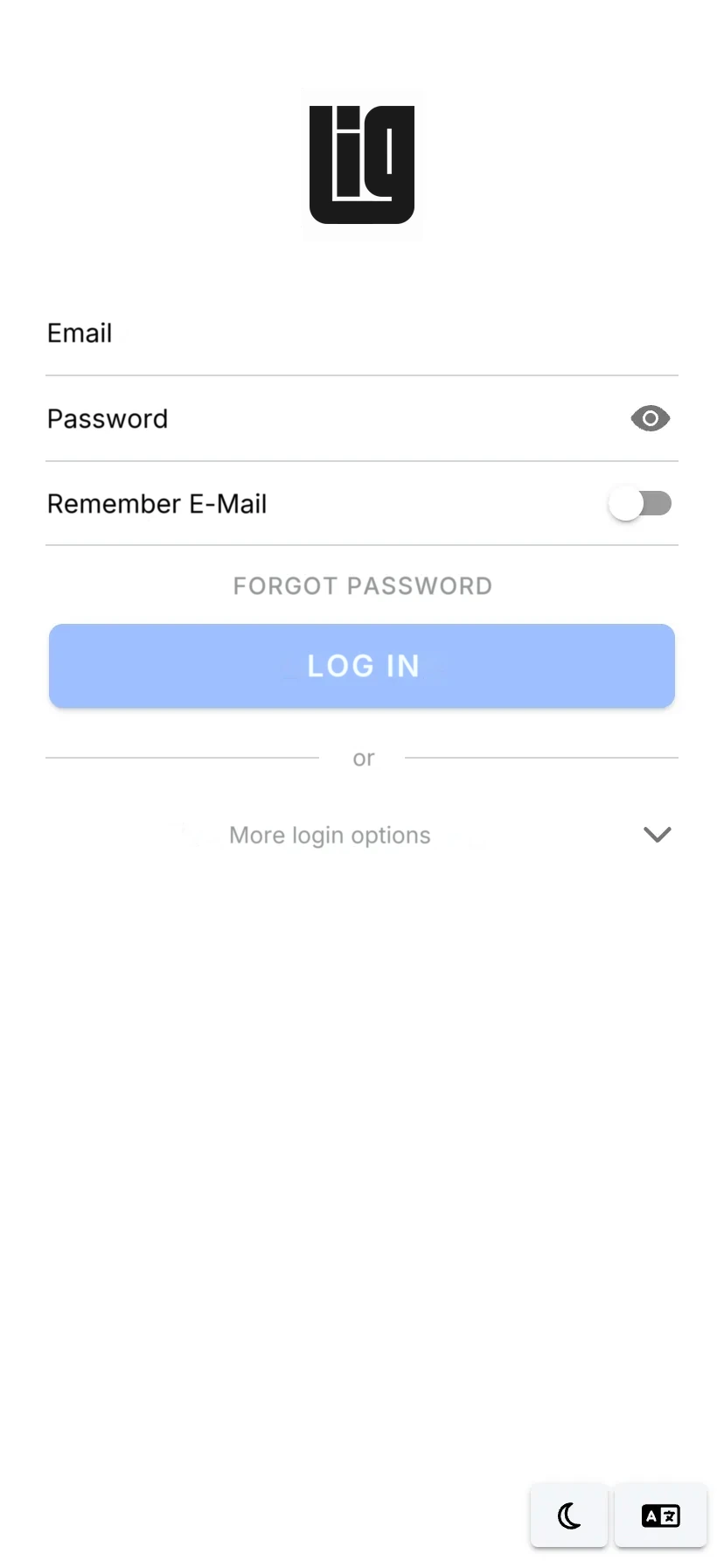 The login screen of the Lagerdrift mobile app with email and password