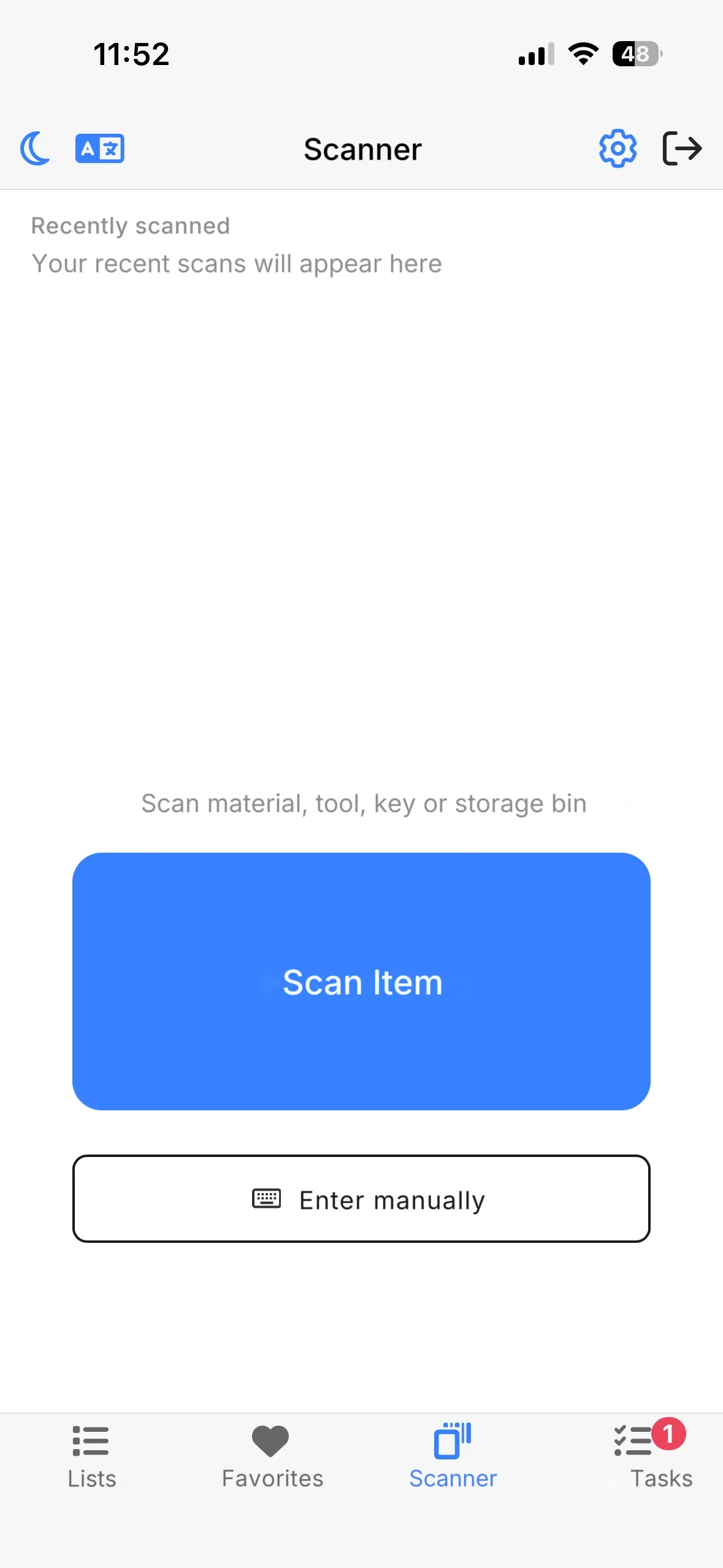 The Scanner tab in the mobile app with the text Scan Material, Tool, Key or Storage Bin and the Scan Item button