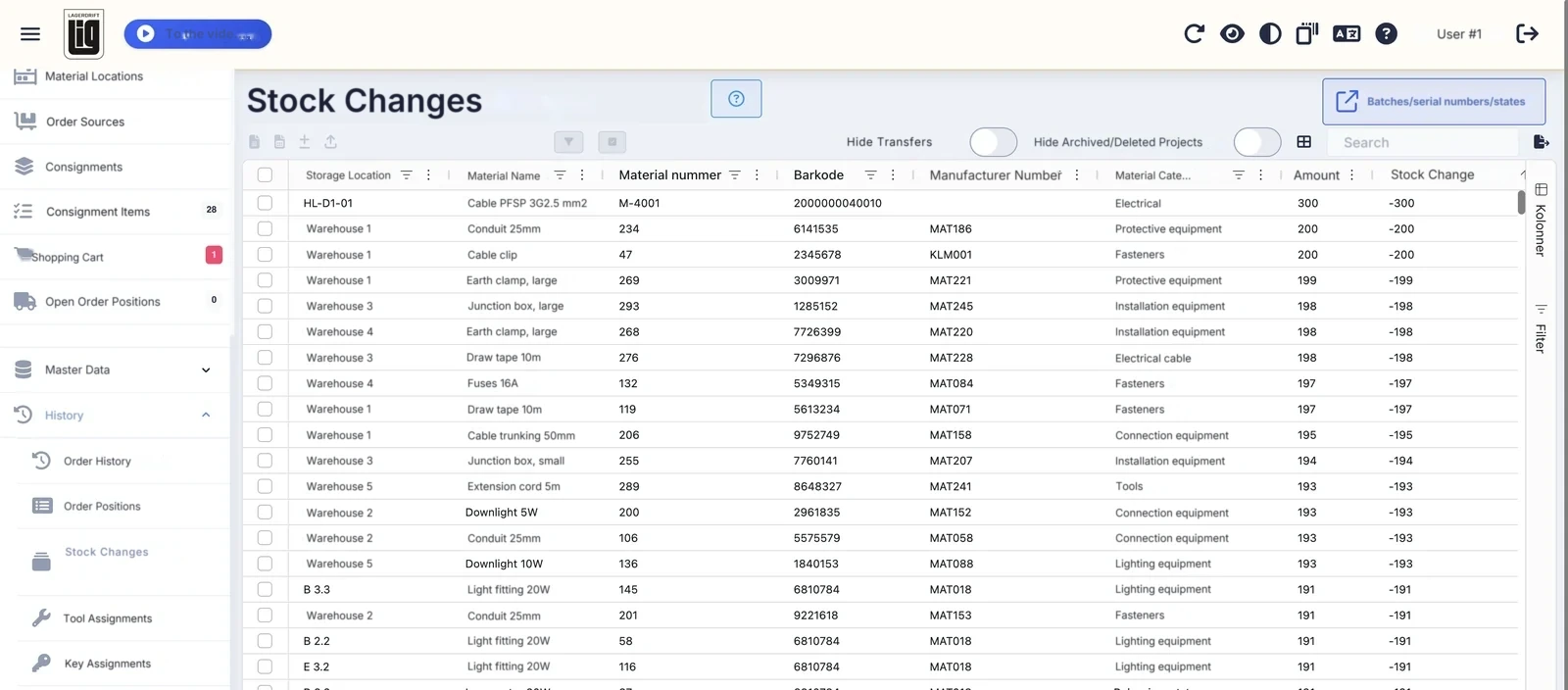 Stock changes in the web app with storage location, material name, quantity and stock change per row