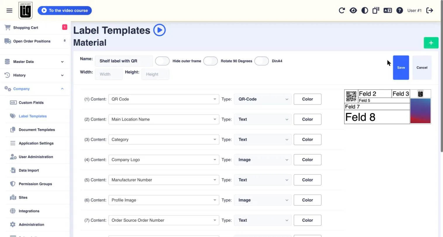 The label template editor with the field list, showing field 1 with Content QR Code and Type QR-Code