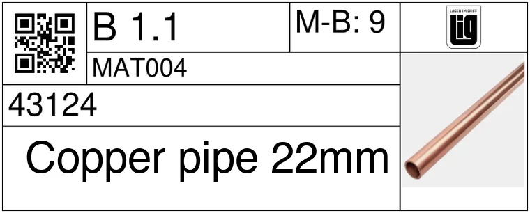 A finished label with a QR code, the storage location, the item number and the material name