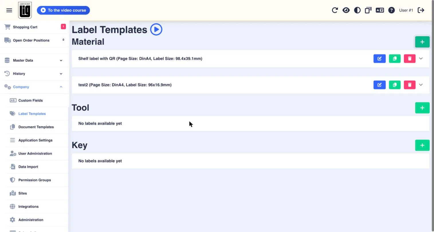 The Label Templates page in the web app with sections for Material, Tool and Key and a green plus button
