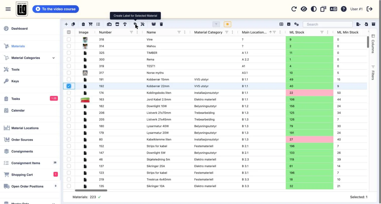 The materials list with one material ticked and the label icon in the action bar showing its tooltip