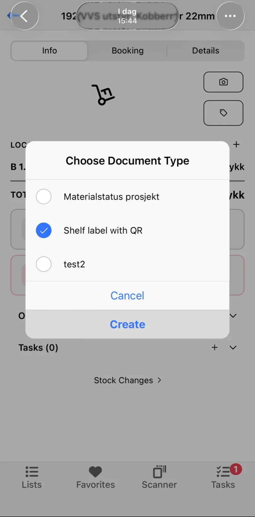 The Choose Document Type dialog in the mobile app with a label template selected