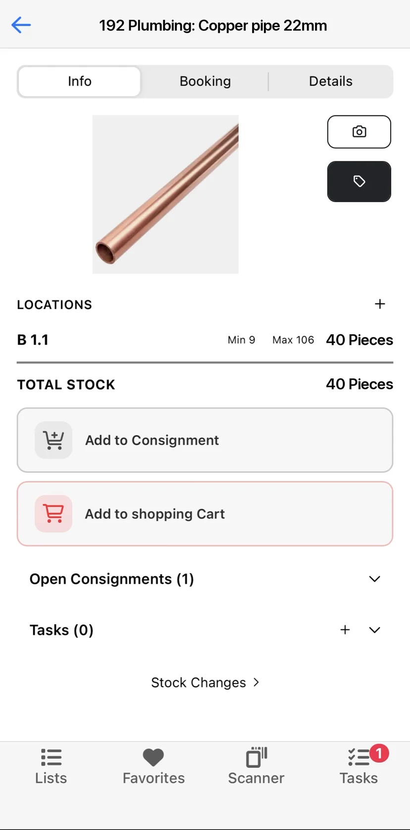 A material open in the mobile app with the label icon at the top right pressed
