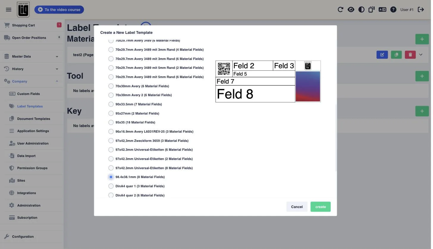 The Create a New Label Template dialog with the DINA4 tab open, a list of formats and a preview of the selected layout