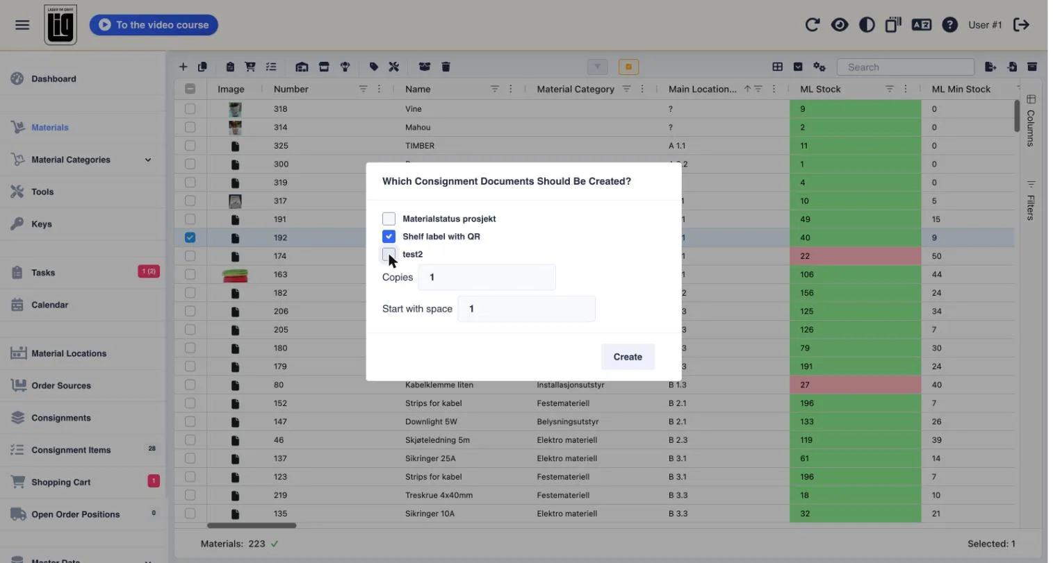 The label picker dialog with a template ticked and the fields Copies and Start with space