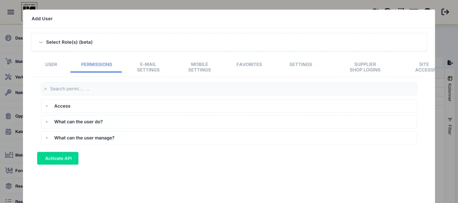 The Permissions tab of a user: access, what the user may do and what the user may manage