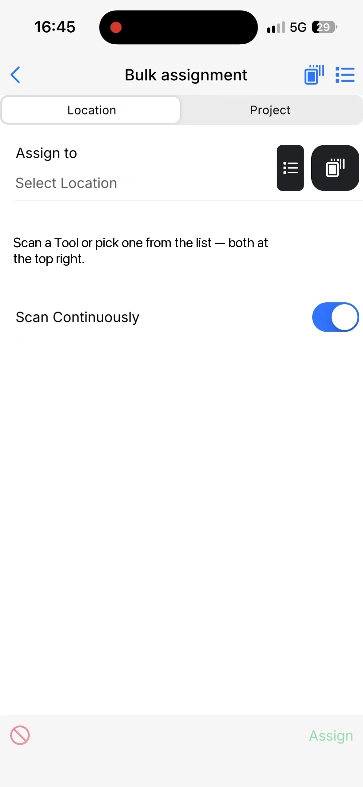 The Bulk assignment screen with the Location tab and the Assign to field
