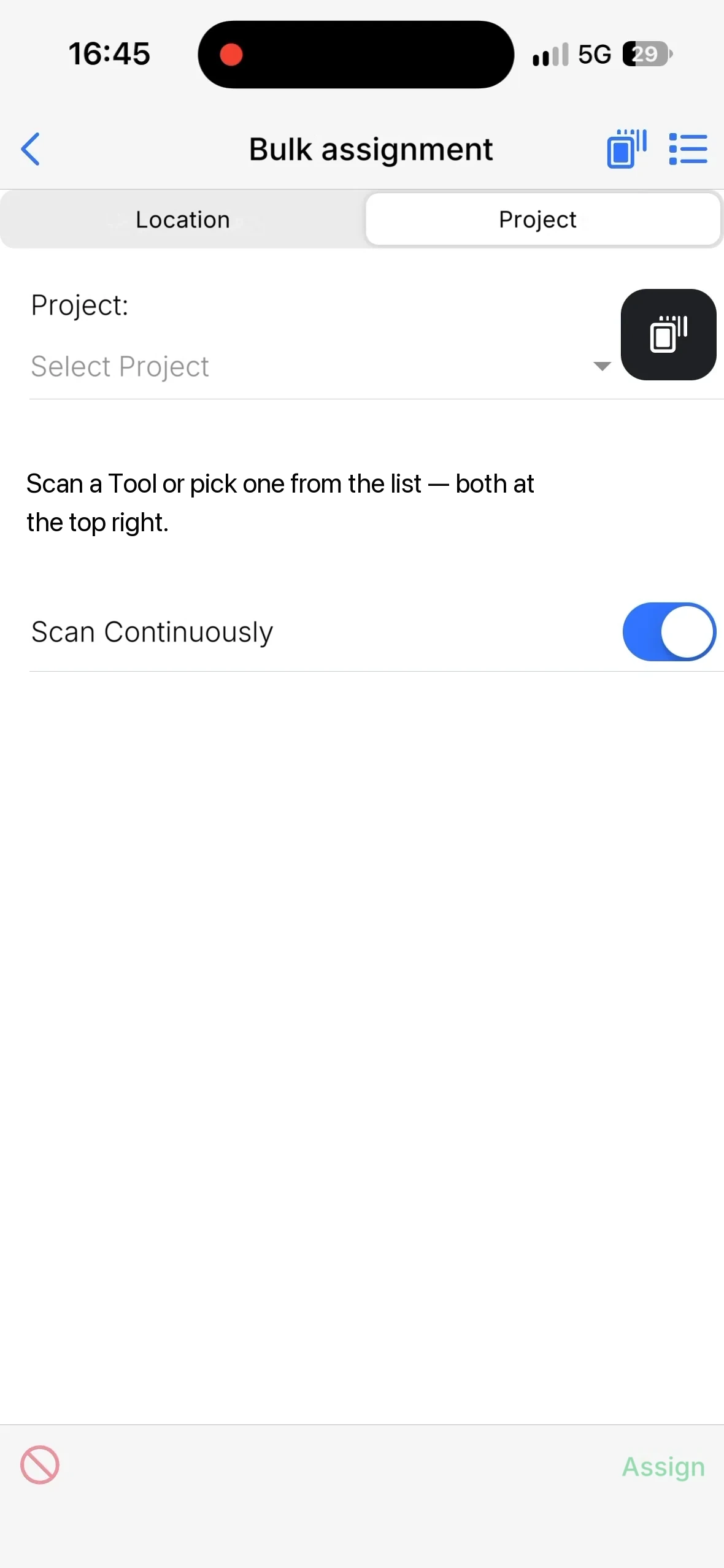 The Bulk assignment screen with the Project tab selected and an empty list