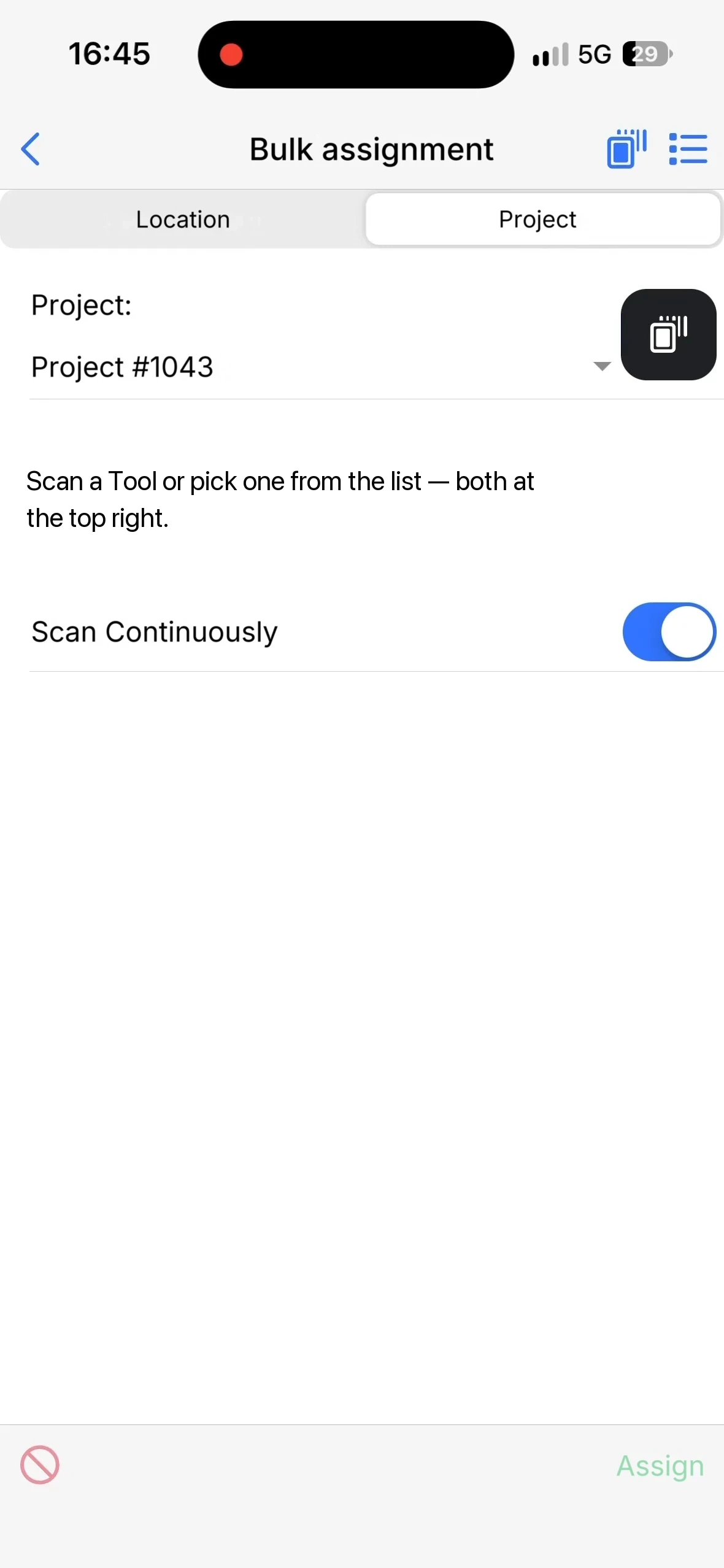 The Bulk assignment screen with the project selected and Scan Continuously switched on