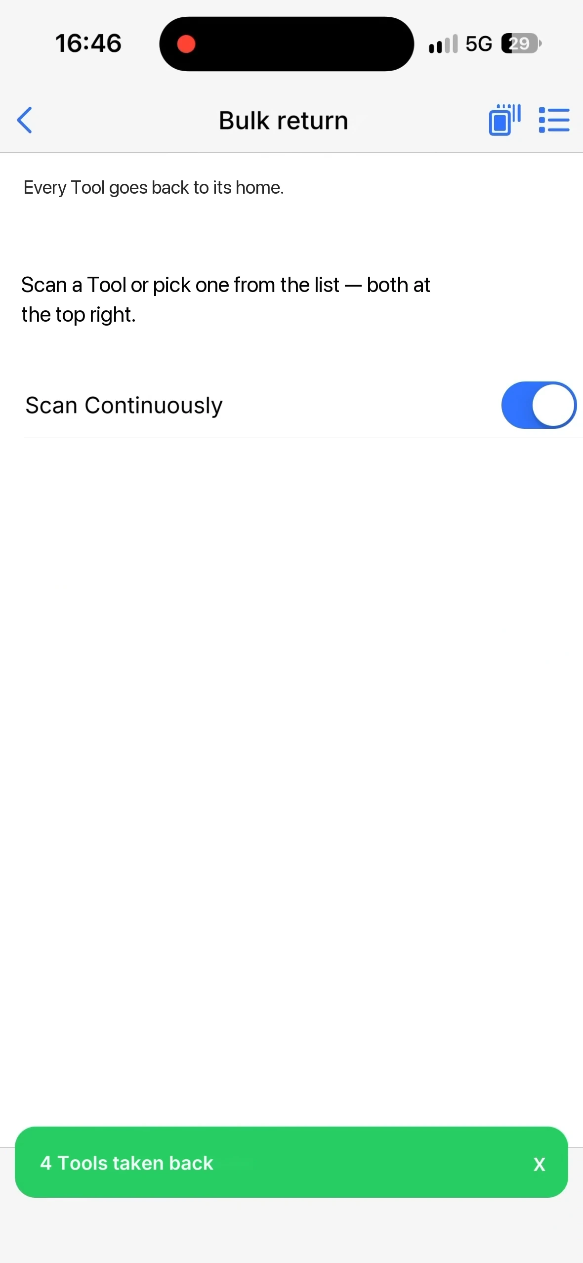 The confirmation 4 Tools taken back at the bottom of the screen