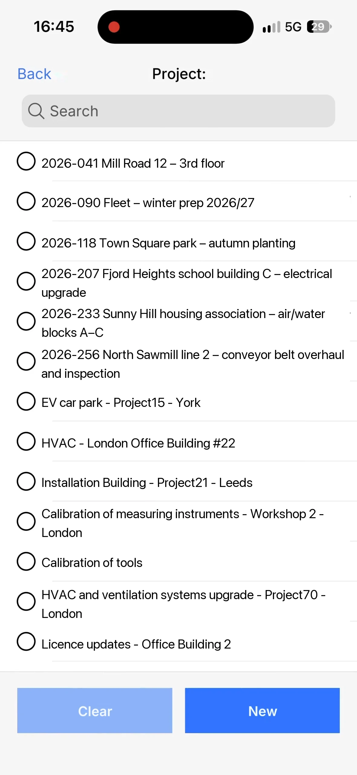 The project list in the mobile app with a search field