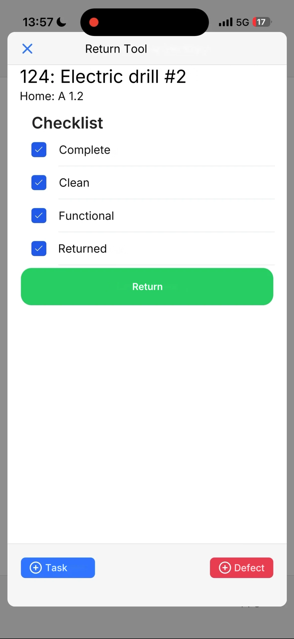 The Return Tool dialog with the checklist Complete, Clean, Functional and Returned
