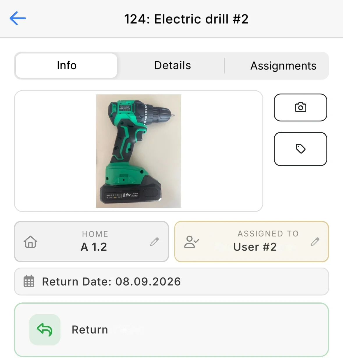 The tool card of a checked-out tool with the Return button