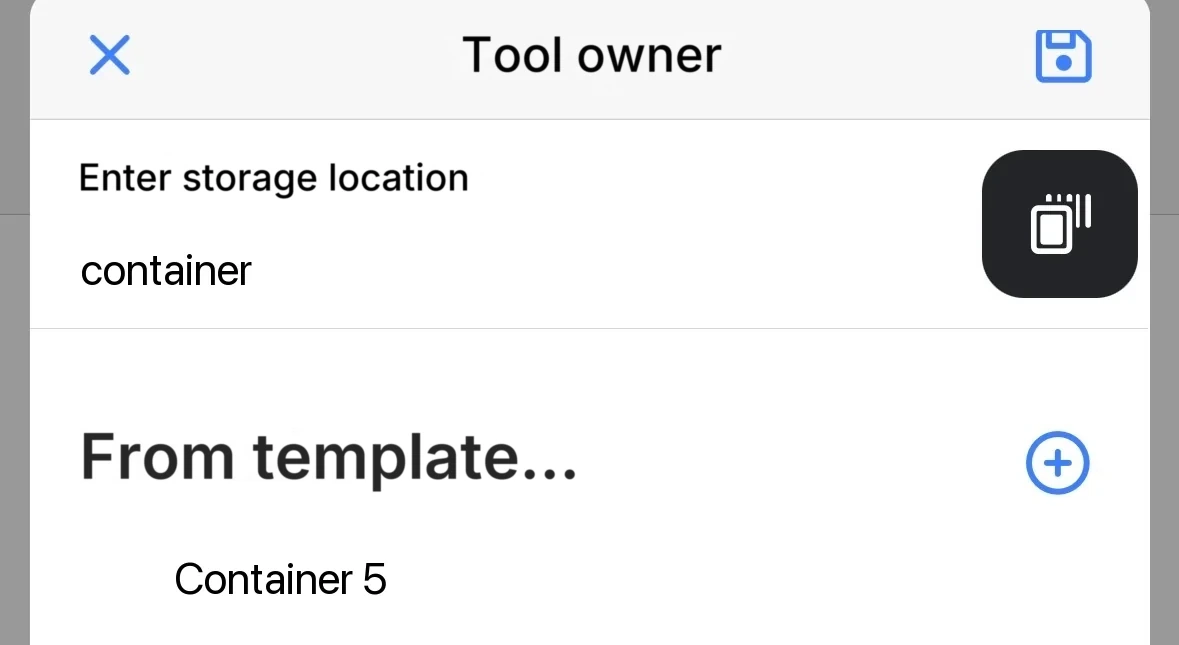 The Tool owner screen with the storage location field