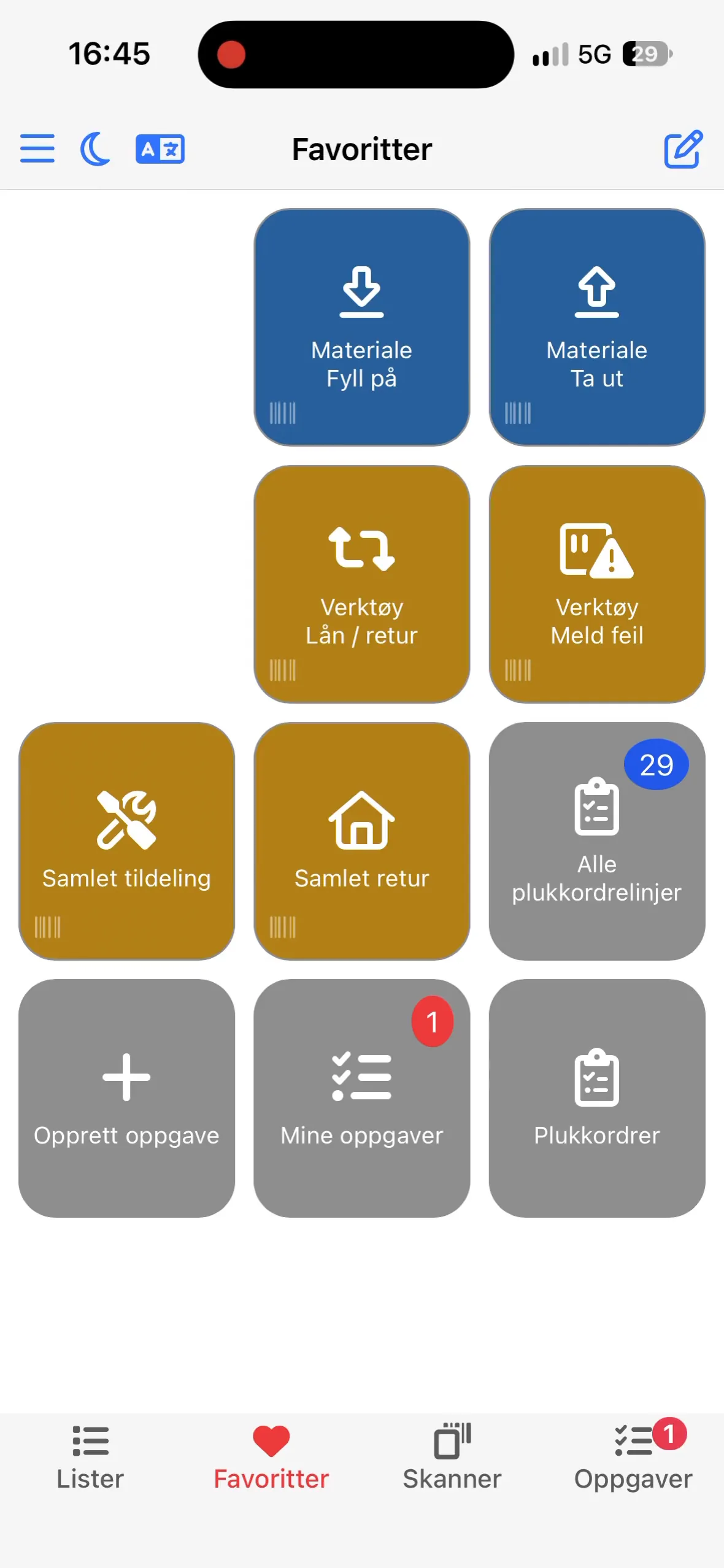 Hjemskjermen i mobilappen med favorittknappene Samlet tildeling og Samlet retur