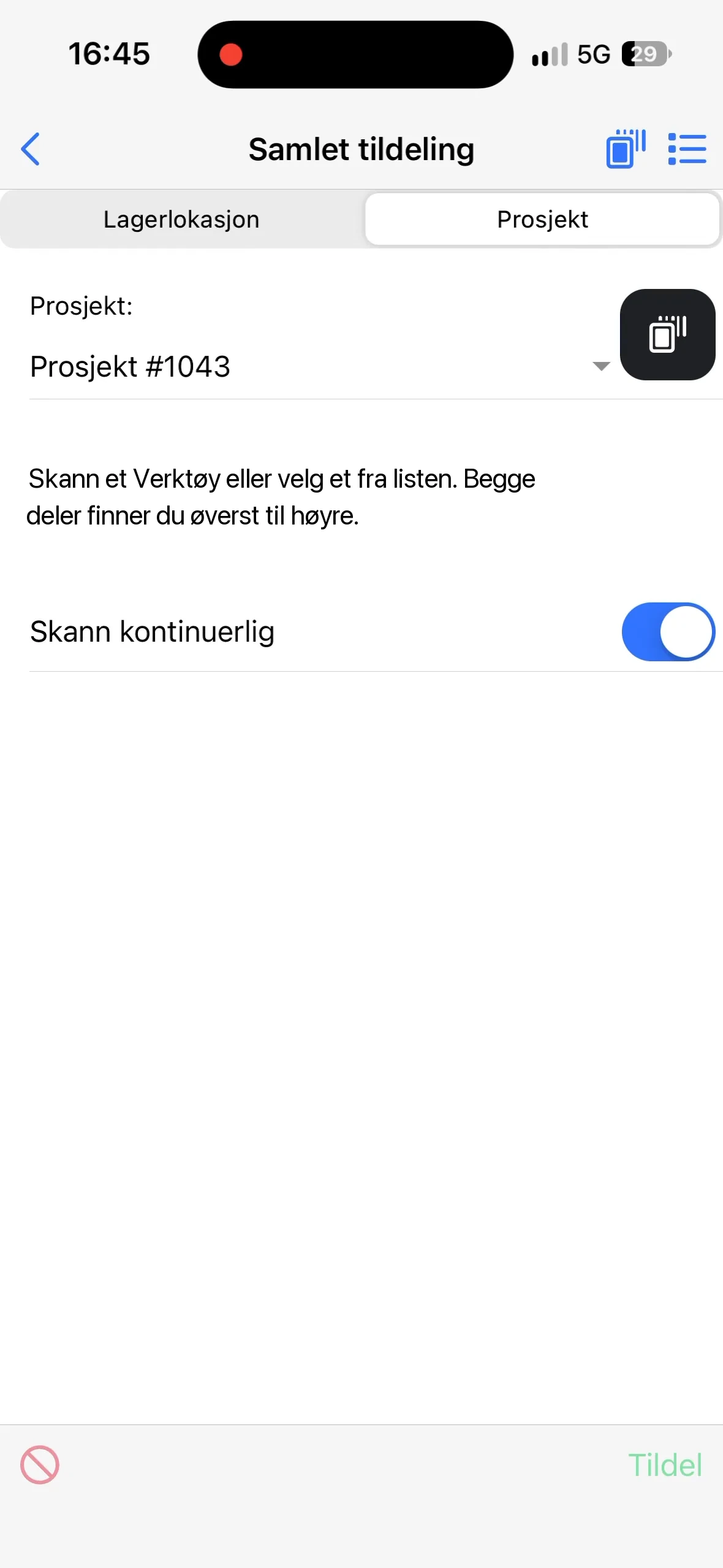Skjermen Samlet tildeling med prosjektet valgt og Skann kontinuerlig slått på