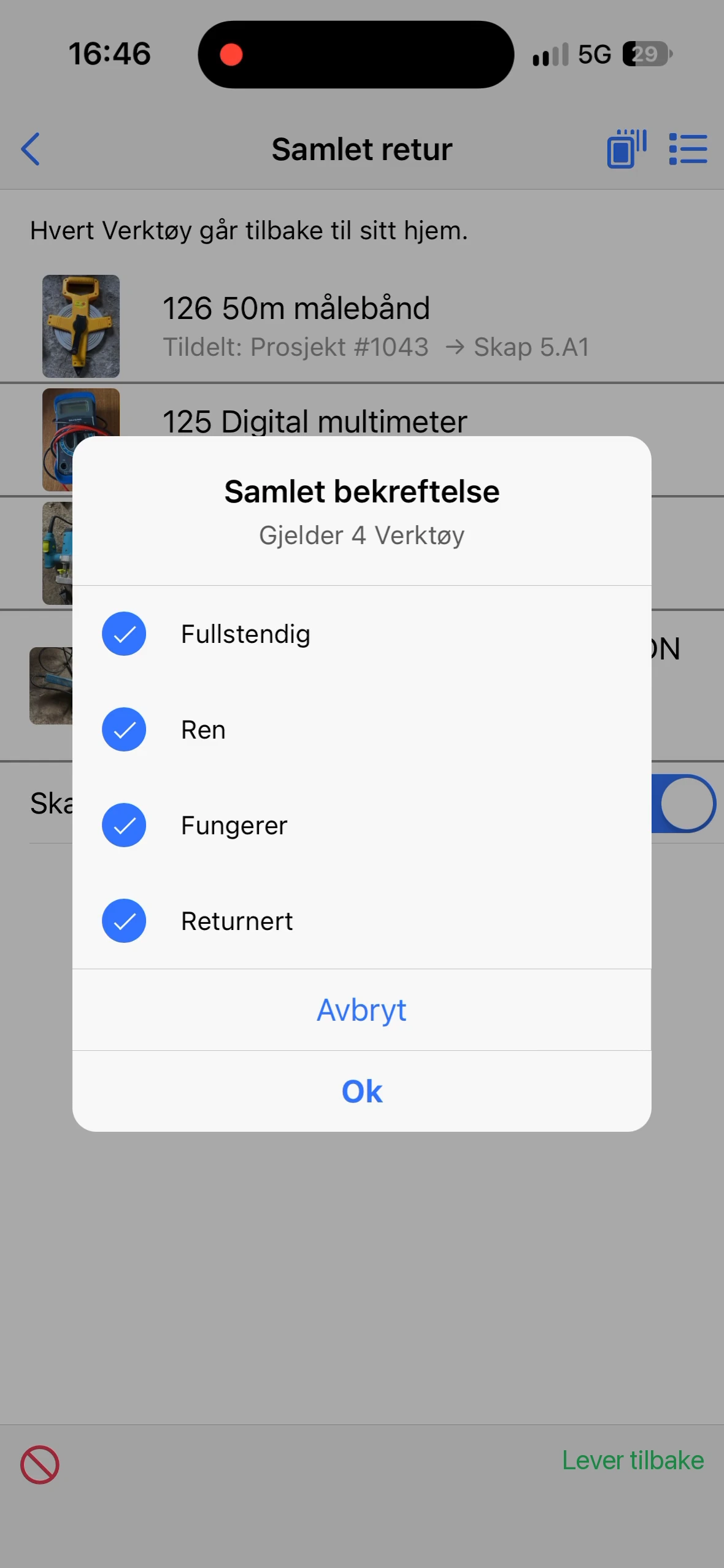 Dialogen Samlet bekreftelse med sjekklisten for retur, gjelder fire verktøy